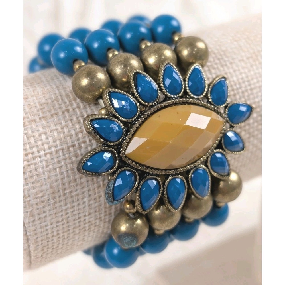 Boho Statement Stretch Bracelet Blue Beads Gold Tone Mustard Center Medallion...